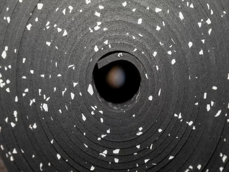 A caliper measuring the thickness of a rubber gym flooring tile.